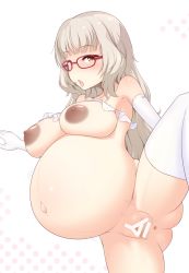 Rule 34 | 1boy, 1girl, akai (riaakai), anus, ass, blush, breasts, censored, dark nipples, elbow gloves, glasses, gloves, hazuki shizuku, hetero, large breasts, long hair, navel, new game!, nipples, no bra, open mouth, pregnant, pussy, sex, shiny skin, simple background, thighhighs, tongue, tongue out, vaginal, white background, white gloves, white hair, white thighhighs, yellow eyes