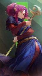 Rule 34 | 1girl, absurdres, belt, cross, crossed arms, duel monster, earrings, feet out of frame, green eyes, head chain, highres, holding, holding staff, jewelry, layered clothes, long hair, long sleeves, magician of faith, milmir, pointy ears, ponytail, purple hair, robe, short sleeves, solo, staff, yu-gi-oh!