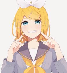 Rule 34 | 1girl, :o, black collar, blonde hair, blue eyes, bow, cardigan, collar, commentary, fingers to cheek, grey cardigan, hair bow, hair ornament, hairclip, hands up, haru no no, highres, index finger raised, kagamine rin, looking at viewer, neckerchief, open mouth, sailor collar, school uniform, shirt, short sleeves, solo, swept bangs, upper body, vocaloid, white bow, white shirt, yellow neckerchief