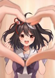 Rule 34 | 1girl, 1other, ahoge, black hair, blurry, blush, bow, bowtie, commentary request, depth of field, double-parted bangs, double finger heart, finger heart, hair between eyes, hands up, heart, heart hands, highres, kitasan black (umamusume), looking at viewer, multicolored hair, na-code (gurich), open mouth, purple bow, purple bowtie, purple shirt, red eyes, sailor collar, shirt, short hair, smile, streaked hair, teeth, two-tone hair, two side up, umamusume, upper body, upper teeth only, white hair, white sailor collar