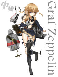 Rule 34 | 10s, 1girl, aircraft, airplane, blonde hair, blunt bangs, garter straps, graf zeppelin (ship), hat, highres, kantai collection, long sleeves, looking at viewer, md5 mismatch, original, purple eyes, solo, thighhighs, torn clothes, torn thighhighs, yakob labo