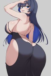 Rule 34 | 1girl, arm up, armpits, ass, ass focus, black dress, blue eyes, blue hair, breasts, butt crack, dress, from above, highres, hip vent, holocouncil, hololive, hololive english, huge ass, large breasts, long hair, looking at viewer, meme attire, modakawa dress, open mouth, ouro kronii, sideboob, smile, solo, virtual youtuber, zeropen
