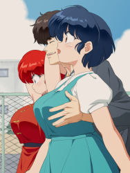 Rule 34 | 1boy, 2girls, arms behind head, arms up, black shirt, blue eyes, blue hair, grabbing another&#039;s breast, breasts, brown eyes, brown hair, building, closed eyes, closed mouth, cloud, commentary request, day, dress, embarrassed, fence, fingernails, from side, fuurinkan high school uniform, grabbing, green dress, highres, kunou tatewaki, large breasts, long sleeves, looking away, looking down, mage (harumagedon), motion blur, multiple girls, open mouth, outdoors, puffy short sleeves, puffy sleeves, ranma-chan, ranma 1/2, red dress, red hair, school uniform, shirt, short hair, short sleeves, sky, smile, sweatdrop, tendou akane, walking, white shirt, wide-eyed