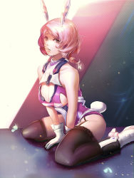 Rule 34 | 1girl, alisa boskonovich, alternate costume, android, animal ears, boots, breasts, bug, butterfly, cleavage, cleavage cutout, clothing cutout, detached collar, fake animal ears, full body, garter straps, gloves, high heel boots, high heels, insect, leotard, namco, pink hair, rabbit ears, rabbit tail, sitting, solo, tail, tekken, tekken tag tournament 2, thighhighs