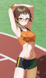 1girl 24riside absurdres armpits arms_up bike_shorts black_shorts blush brown_hair collarbone commission flipped_hair glasses grass highres idolmaster idolmaster_cinderella_girls kitagawa_mahiro looking_at_viewer navel orange-framed_eyewear orange_sports_bra outdoors pixiv_commission presenting_armpit running_track short_hair shorts smile solo sports_bra stomach stretching thighs