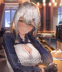 Rule 34 | 1girl, aochoku, arm support, blush, breasts, cake, cake slice, cleavage, commentary, commission, english commentary, food, food on face, girls&#039; frontline, gloves, grey hair, hair between eyes, hair ornament, hairclip, hand on own cheek, hand on own face, highres, indoors, large breasts, long hair, long sleeves, looking at viewer, m590 (girls&#039; frontline), plate, smile, solo, spoon, upper body, yellow eyes