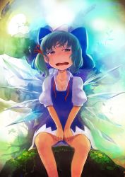 Rule 34 | 1girl, alternate hairstyle, aqua hair, blue eyes, blush, bow, breasts, cirno, cleavage, collarbone, hair bow, hot, ice, ice wings, nihimaru, open mouth, puffy sleeves, short hair, short sleeves, side ponytail, sitting, small breasts, solo, sweat, touhou, wings