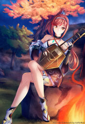 Rule 34 | 1girl, campfire, glimmer (xenoblade), highres, instrument, lute (instrument), night, night sky, nintendo, red eyes, red hair, sky, softiered, xenoblade chronicles (series), xenoblade chronicles 3, xenoblade chronicles 3: future redeemed