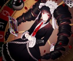Rule 34 | 1girl, ball, black hair, black jacket, blurry, blurry background, bonnet, card, celestia ludenberg, collared shirt, danganronpa: trigger happy havoc, danganronpa (series), drill hair, dutch angle, earrings, gothic lolita, headdress, jacket, jewelry, kkochmeli, lace, lace-trimmed skirt, lace trim, layered skirt, lolita fashion, long hair, long sleeves, looking at viewer, necktie, open clothes, open jacket, own hands together, playing card, print necktie, red necktie, roulette table, shirt, skirt, solo, table, twin drills, twintails, white shirt