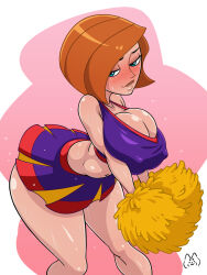 Rule 34 | 1girl, ann possible, blue eyes, blush, breast press, breasts, cheerleader, covered erect nipples, embarrassed, highres, huge breasts, kim possible (series), looking at viewer, looking to the side, mature female, nershiba, orange hair, pink background, skirt, sweat, thick lips, thick thighs, thighs