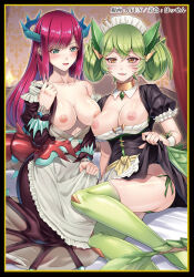 Rule 34 | 2girls, breasts, breasts out, clothes lift, dragon girl, dragon horns, female focus, green eyes, green hair, horns, kitchen dragonmaid, large breasts, long hair, looking at viewer, maid, multiple girls, parlor dragonmaid, red hair, sitting, skirt, skirt lift, yellow eyes, yu-gi-oh!