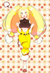 Rule 34 | 1girl, :o, alternate color, azumarill, bandaged arm, bandages, belt, blonde hair, blush, breasts, brown footwear, clenched hand, creatures (company), game freak, gen 2 pokemon, hair bobbles, hair ornament, hands up, highres, large breasts, long hair, looking at viewer, low-tied long hair, nintendo, personification, pink background, pokemon, shiny pokemon, solo, standing, standing on one leg, twintails, underboob, yellow eyes, yuzu ichika