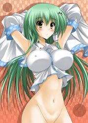 Rule 34 | 1girl, arms up, bottomless, breasts, censored, curvy, detached sleeves, covered erect nipples, female focus, frog, green hair, hair ornament, highres, kochiya sanae, large breasts, long hair, oda ken&#039;ichi, out-of-frame censoring, solo, touhou, yellow eyes