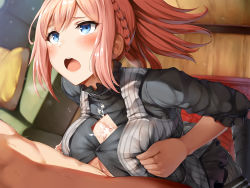 Rule 34 | 1boy, 1girl, belko, blue eyes, blush, braid, breasts, breasts squeezed together, censored, cleavage cutout, clothed female nude male, clothing cutout, commentary request, cum, cum on body, cum on breasts, cum on upper body, daiba canon, fingerless gloves, gloves, god eater, god eater 3, grey shirt, grey vest, hair between eyes, hetero, highres, indoors, kneeling, large breasts, light censor, looking at another, mosaic censoring, nude, open mouth, paizuri, penis, pink hair, pinstripe pattern, pinstripe vest, ponytail, shirt, short hair, solo focus, striped clothes, striped vest, sweat, vest