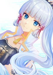 Rule 34 | 1girl, absurdres, ayaka (genshin impact), blue eyes, blue hair, blunt bangs, closed mouth, commentary request, genshin impact, hair ribbon, highres, japanese clothes, light blue hair, light smile, long hair, looking at viewer, mole, mole under eye, ponytail, red ribbon, ribbon, sefira, solo, upper body