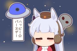 Rule 34 | 1girl, 1other, alien, animal ears, blush stickers, bow, brown hat, chibi, closed eyes, ear bow, ear covers, facing viewer, flying saucer, gold ship (umamusume), gomashio (goma feet), grey alien, grey hair, hat, horse ears, jacket, long hair, mini hat, purple bow, red jacket, spacecraft, track jacket, translated, ufo, umamusume, upper body