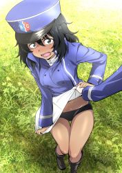 Rule 34 | 1girl, andou (girls und panzer), assisted exposure, bc freedom (emblem), bc freedom military uniform, black eyes, black footwear, black hair, black panties, blue headwear, blue jacket, blue vest, blush, boots, clothes lift, commentary, dark-skinned female, dark skin, day, dress shirt, embarrassed, emblem, frown, girls und panzer, grass, hat, high collar, highres, jacket, kepi, knee boots, lifting another&#039;s clothes, light particles, long sleeves, looking at viewer, medium hair, messy hair, military, military hat, military uniform, miniskirt, nakahira guy, navel, open mouth, out of frame, outdoors, panties, pleated skirt, shirt, skirt, skirt lift, skirt tug, solo focus, standing, sweatdrop, thigh gap, underwear, uniform, vest, white shirt, white skirt