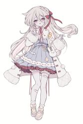 Rule 34 | 1girl, ankle socks, bandaid, bandaid on leg, blonde hair, blue dress, braid, coat, dress, frilled dress, frills, full body, fur trim, highres, huyucai, light blush, lolita fashion, long hair, open clothes, open coat, open mouth, original, pastel colors, rabbit, red eyes, shoes, side braid, side ponytail, sneakers, socks, solo, standing, v, white background, yellow footwear