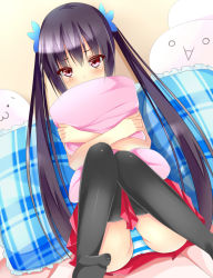Rule 34 | 1girl, black hair, black thighhighs, blush, covering own mouth, dutch angle, hugging object, knees together feet apart, long hair, looking at viewer, original, panties, pantyshot, pillow, pillow hug, pink eyes, sitting, skirt, solo, striped clothes, striped panties, thighhighs, twintails, underwear, upskirt, very long hair, yahiro (anhnw)