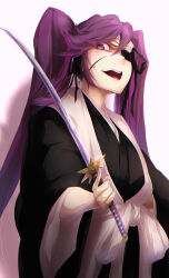 Rule 34 | 1girl, absurdres, black kimono, black ribbon, bleach, bleach: sennen kessen-hen, eyelashes, eyepatch, flat chest, from below, hair between eyes, hair over shoulder, hair ribbon, hand on hilt, haori, headband, highres, holding, holding sword, holding weapon, japanese clothes, katana, kimono, looking at viewer, looking down, nose, obi, open mouth, purple eyes, purple hair, ribbon, saitou furoufushi, sash, shadow, sidelocks, simple background, smile, solo, standing, sword, teeth, twintails, upper teeth only, weapon, white background, white headband, yukiru akitera