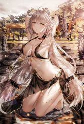Rule 34 | 1girl, absurdres, ahoge, armpits, bare shoulders, barefoot, beach, bikini, black bikini, black scrunchie, blush, braid, breasts, bug, butterfly, choker, cleavage, collarbone, day, fate/grand order, fate (series), full body, grey sky, hair between eyes, hair ornament, hair scrunchie, heroic spirit chaldea park outfit, highres, huge filesize, insect, jeanne d&#039;arc (fate), jeanne d&#039;arc alter (fate), jeanne d&#039;arc alter (festival outfit) (fate), jewelry, junpaku karen, kneeling, large breasts, long hair, looking at viewer, navel, necklace, official alternate costume, open mouth, outdoors, reflection, scrunchie, silver hair, sitting, sky, solo, stomach, swimsuit, thighs, very long hair, yellow eyes