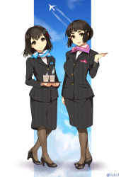 Rule 34 | 10s, 2girls, alternate costume, black hair, black legwear, blush, eyebrows, flight attendant, formal, haguro (kancolle), hair ornament, high heels, kantai collection, looking at viewer, multiple girls, myoukou (kancolle), office lady, open mouth, pantyhose, pencil skirt, pinstripe pattern, pinstripe suit, pochi (pochi-goya), short hair, skirt, skirt suit, smile, travel attendant, striped, suit, twitter username