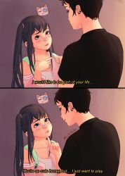 Rule 34 | 1boy, 1girl, absurdres, age difference, artist request, bandaid, bandaid on face, bandaid on nose, black hair, black shirt, blue eyes, blush, collarbone, earrings, english text, finger to own chin, flat chest, from behind, height difference, highres, jewelry, long hair, looking at another, parted lips, shirt, source request, text focus, twintails