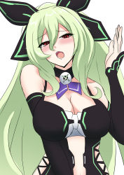 Rule 34 | 1girl, bare shoulders, bow, breasts, cleavage, green hair, hair between eyes, hair bow, hakozaki chika, highres, large breasts, long hair, looking at viewer, neptune (series), open mouth, red eyes, seshiro (which501), simple background, solo, upper body, very long hair, white background