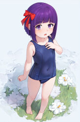 Rule 34 | 1girl, barefoot, blue one-piece swimsuit, covered navel, fern (sousou no frieren), flat chest, flower, full body, hair ribbon, hand on own chest, highres, looking at viewer, neopure, old school swimsuit, one-piece swimsuit, purple eyes, purple hair, red ribbon, ribbon, school swimsuit, short hair, solo, sousou no frieren, standing, swimsuit