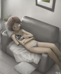 Rule 34 | 1girl, amputee, android, breasts, collarbone, couch, female focus, glasses, highres, hukods, indoors, lying, mechanical parts, no nipples, original, panties, pillow, plant, potted plant, rimless eyewear, science fiction, severed limb, short hair, signature, small breasts, solo, topless, underwear, white panties