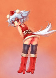 Rule 34 | 1girl, ass, black thighhighs, boots, christmas, embarrassed, female focus, hat, inubashiri momiji, looking back, no panties, sankuma, santa costume, solo, tail, thighhighs, tokin hat, touhou, wavy mouth