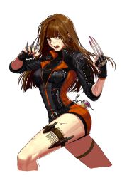 Rule 34 | 00s, 1girl, absurdres, band, brown eyes, brown hair, claws, dungeon and fighter, fang, female focus, fighter (dungeon and fighter), highres, jacket, leather, leg up, long hair, looking away, nail polish, open mouth, poison, profile, scar, shorts, solo