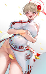 1girl absurdres blonde_hair blue_archive blush breasts china_dress chinese_clothes covered_navel crossed_arms dress earrings falling_leaves flower gloves hair_flower hair_ornament halo highres jewelry large_breasts leaf leaf_censor marina_(blue_archive) marina_(qipao)_(blue_archive) no_panties open_mouth red_flower rossy_(yowayowachimpo) short_hair sleeveless sleeveless_dress solo white_dress white_gloves wind wind_lift yellow_eyes