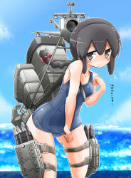 Rule 34 | 10s, 1girl, adjusting clothes, adjusting swimsuit, black eyes, black hair, blush, braid, isonami (kancolle), kantai collection, karukan (monjya), long hair, looking at viewer, one-piece swimsuit, personification, school swimsuit, solo, swimsuit, water