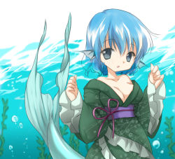 Rule 34 | 1girl, bare shoulders, blue eyes, blue hair, breasts, bubble, cleavage, collarbone, fins, floral print, head fins, japanese clothes, kimono, looking at viewer, matching hair/eyes, mermaid, monster girl, obi, off shoulder, open mouth, sash, smile, solo, touhou, underwater, wakasagihime, yutamitan