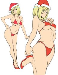 Rule 34 | 1girl, ashiomi masato, bikini, blonde hair, blue eyes, breasts, christmas, cleavage, guilty gear, guilty gear xrd, hat, high heels, looking at viewer, medium hair, millia rage, navel, simple background, solo, swimsuit, white background