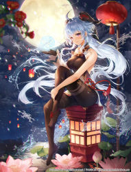 Rule 34 | 1girl, ahoge, anklet, apple caramel, armpit crease, artist name, bare shoulders, bell, black bow, black gloves, blue hair, bodystocking, bow, camellia, chinese knot, chromatic aberration, closed mouth, covered erect nipples, cowbell, detached sleeves, floating hair, flower, full body, full moon, ganyu (genshin impact), genshin impact, gloves, goat horns, hair between eyes, hair bow, hand on own leg, hand up, highres, horns, jewelry, knees up, lantern, legs, long hair, looking at viewer, lotus, moon, night, no shoes, orb, paper lantern, pelvic curtain, pink flower, plantar flexion, purple eyes, red flower, sidelocks, single detached sleeve, single glove, sitting, sky lantern, smile, snowflakes, solo, tassel, very long hair, vision (genshin impact), water, watermark