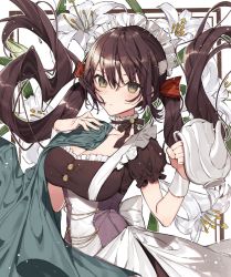 Rule 34 | 1girl, apron, azur lane, back bow, black dress, black hair, black ribbon, blush, bow, breasts, brown eyes, cleavage, closed mouth, collarbone, commentary request, corset, cowboy shot, dress, expressionless, flower, frills, glasgow (azur lane), hair ribbon, hanagata, hand on own chest, holding, holding teapot, large breasts, lily (flower), long hair, maid headdress, neck garter, neck ribbon, red ribbon, ribbon, solo, teapot, twintails, two-tone background, underbust, very long hair, waist apron, white apron, white flower, wrist cuffs
