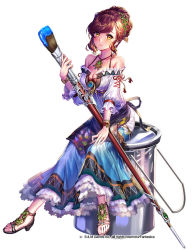 Rule 34 | 1girl, bare shoulders, blue dress, bracelet, breasts, brown hair, cleavage, dress, esphy, fantasy, full body, gyakushuu no fantasica, hair ornament, hair up, holding, holding paintbrush, jewelry, large breasts, looking at viewer, medium hair, necklace, official art, paintbrush, sandlas, simple background, sitting, smile, smock, solo, tagme, watermark, white background, yellow eyes