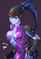 Rule 34 | 1girl, 2016, bodysuit, breasts, brown background, center opening, colored skin, dated, head-mounted display, large breasts, light smile, long hair, looking at viewer, nishiumi yuuta, overwatch, overwatch 1, parted lips, purple hair, purple skin, simple background, solo, widowmaker (overwatch), yellow eyes