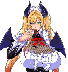 Rule 34 | 1girl, apron, bat tattoo, black horns, blonde hair, breast tattoo, breasts, cleavage, demon girl, demon horns, demon wings, detached sleeves, female focus, fishnets, green eyes, highres, hololive, horn ornament, horn ring, horns, large breasts, looking at viewer, maid, maid apron, maid headdress, official alternate hairstyle, pointy ears, raisuta, see-through, see-through cleavage, single sidelock, sleeveless, solo, swept bangs, tattoo, tongue, tongue out, virtual youtuber, white background, winged heart, wings, yuzuki choco, yuzuki choco (maid)