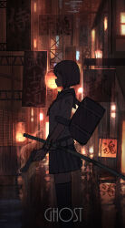 Rule 34 | 1girl, absurdres, alley, bag, black thighhighs, blue sailor collar, blue skirt, bob cut, brown hair, building, city, city lights, cityscape, closed eyes, closed mouth, commentary, english commentary, feet out of frame, from side, gun, hair ornament, hairclip, handgun, highres, holding, holding gun, holding weapon, katana, lantern, mixed-language commentary, night, original, outdoors, pasoputi, pleated skirt, profile, rain, sailor collar, school bag, school uniform, serafuku, sheath, sheathed, shirt, short hair, short sleeves, sign, skirt, smoke, smoking barrel, solo, standing, sword, thighhighs, translation request, weapon, white shirt, window, zettai ryouiki