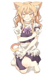 Rule 34 | 1girl, animal ears, apron, barefoot, black skirt, black vest, blonde hair, blush, braid, cat ears, cat tail, colored eyelashes, commentary request, covering body, embarrassed, fang, frilled apron, frilled skirt, frills, highres, kirisame marisa, long hair, midriff peek, puffy short sleeves, puffy sleeves, seika okawari, shirt, short sleeves, side braid, simple background, skirt, solo, strap slip, tail, tears, toes, touhou, turtleneck, vest, waist apron, white apron, white background, white shirt, yellow eyes