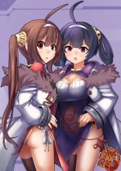 Rule 34 | 2girls, :o, ahoge, ass, azur lane, breasts, brown hair, china dress, chinese clothes, cleavage, commentary, diagonal stripes, dress, fang, fingernails, fur-trimmed jacket, fur trim, hair between eyes, hair rings, hairband, hairpods, highres, jacket, kuronekozero, long hair, long sleeves, looking at viewer, looking to the side, medium breasts, multiple girls, ning hai (azur lane), off shoulder, open mouth, panties, parted lips, pelvic curtain, ping hai (azur lane), purple dress, purple hair, red dress, red eyes, sidelocks, sleeves past wrists, striped, striped background, twintails, underwear, very long hair, white hairband, white jacket, white panties