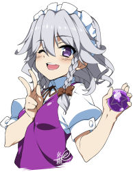 Rule 34 | 1girl, ;d, artist name, ball, blush, bow, braid, female focus, hyouju issei, izayoi sakuya, looking at viewer, maid headdress, one eye closed, open mouth, purple eyes, short hair, signature, silver hair, simple background, smile, solo, star (symbol), touhou, twin braids, upper body, v, white background, wink