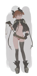 Rule 34 | 1girl, animal collar, ankle boots, bdsm, belt, black footwear, black gloves, black thighhighs, boots, brown hair, child, collar, commentary, copyright request, flat chest, full body, gloves, grey eyes, hand on belt, horns, leash, midriff, navel, platform footwear, skull print, slave, smile, solo, standing, thighhighs, timbougami, underwear