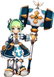 Rule 34 | 1girl, armor, armored boots, armored dress, black background, blue eyes, blush, boots, full body, gauntlets, grand chase, green hair, hammer, huge weapon, lime serenity, looking at viewer, outstretched arm, short hair, sidelocks, simple background, standing, thigh boots, thighhighs, transparent background, weapon