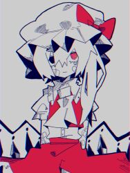 Rule 34 | 1girl, @ @, ascot, bandaid, bandaid on arm, bandaid on face, black eyes, bow, chromatic aberration, commentary request, crystal, flandre scarlet, grey background, hair between eyes, hat, hat bow, heterochromia, long hair, looking at viewer, mechakuchagenki, mob cap, one side up, red bow, red eyes, red skirt, red vest, shirt, short sleeves, simple background, skirt, solo, tearing up, touhou, upper body, vest, white hat, white shirt, wings