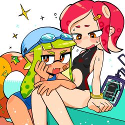 Rule 34 | :d, arrow (symbol), bandaid, bandaid on face, bare shoulders, black one-piece swimsuit, blue one-piece swimsuit, blush, breasts, clothing cutout, directional arrow hair ornament, earrings, fang, flying sweatdrops, green hair, hair ornament, highres, inkling, inkling girl, inkling player character, innertube, jewelry, lakilolom, long hair, navel, navel cutout, nintendo, no nose, octoling, octoling girl, octoling player character, one-piece swimsuit, open mouth, orange eyes, pointy ears, red hair, short hair, simple background, sitting, small breasts, smile, sparkle, splatoon (series), splatoon 2, splatoon 2: octo expansion, sweat, swim ring, swimsuit, tentacle hair, white background