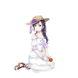 Rule 34 | 10s, 1girl, aqua eyes, bracelet, braid, braided ponytail, clothing cutout, cross-laced footwear, crown braid, dress, earrings, feet, flower, hair over shoulder, hat, hat flower, hat ribbon, high heels, holding, holding flower, jewelry, long hair, looking at viewer, love live!, love live! school idol festival, love live! school idol project, official art, purple hair, ribbon, sandals, see-through, shoulder cutout, single braid, sitting, smile, solo, sun hat, sundress, toes, tojo nozomi, transparent background